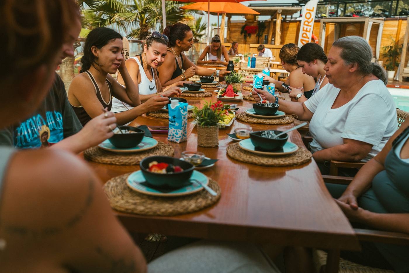 Breakfast together at one long table