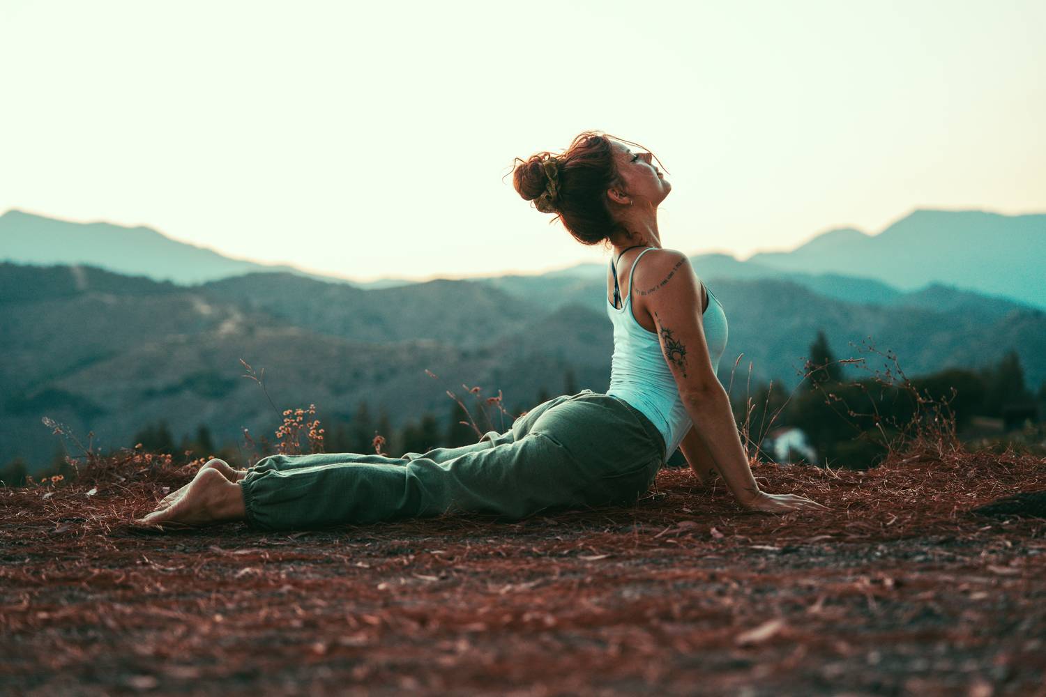 Rosa in upward-facing dog at dusk